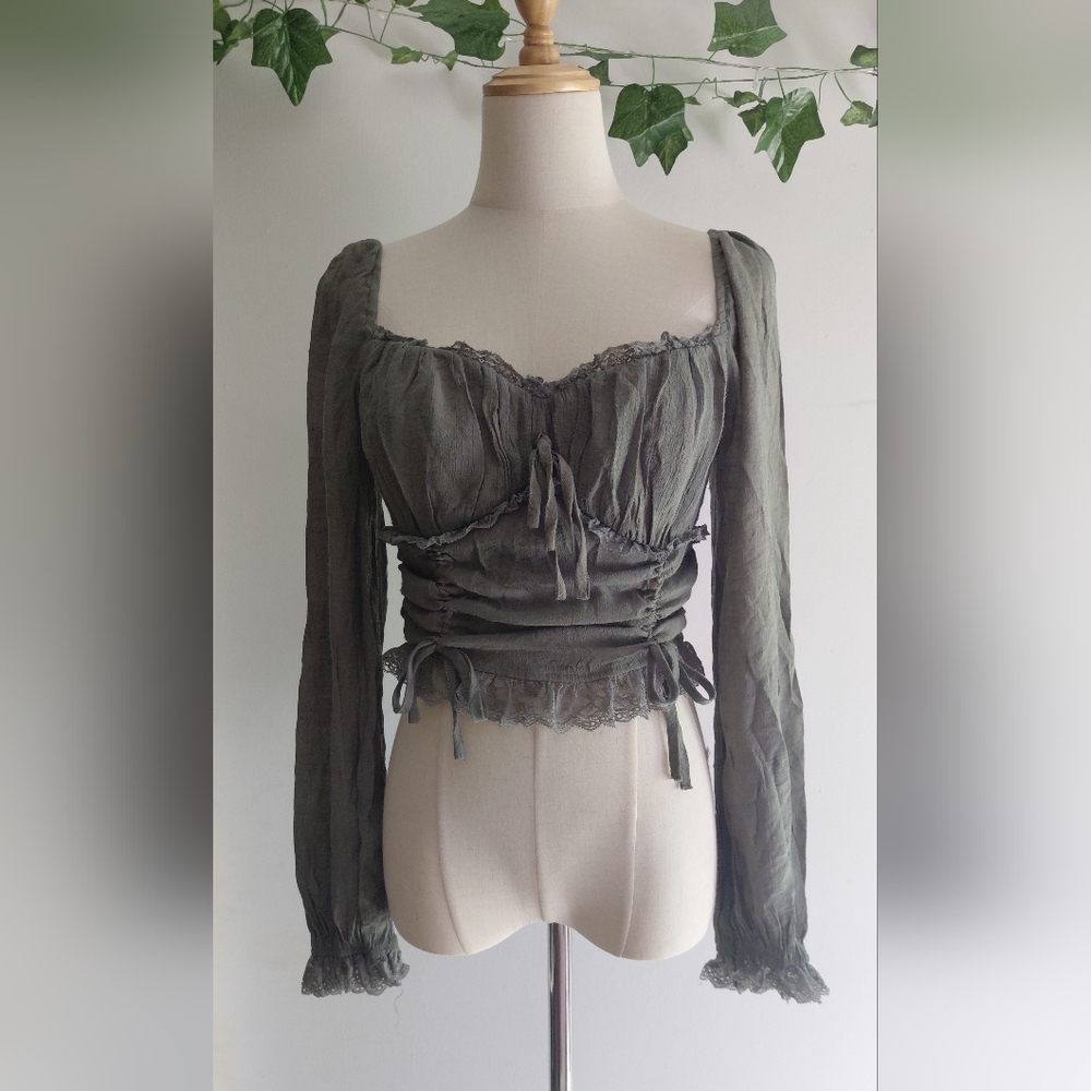Sage Whimsy Long Sleeve Ruched Blouse